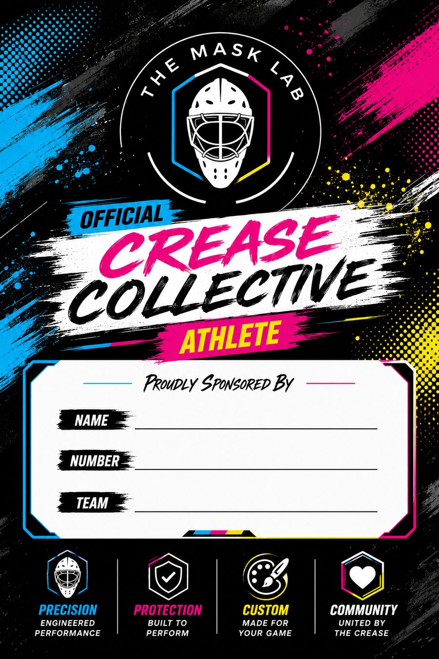 Official Crease Collective athlete card, proudly sponsored by The Mask Lab