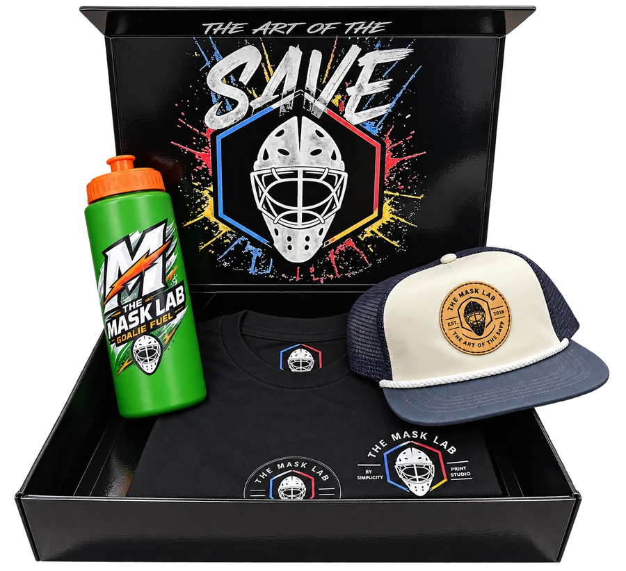 Mask Lab goalie box with tee, hat and Goalie Fuel water bottle