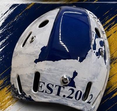 Back plate of the RI Junior Blues mask with a Rhode Island map
